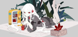 Rule 34 | 1girl, arknights, barefoot, bikini, black bikini, braid, character name, closed mouth, crown braid, cup, drink, drinking glass, empty eyes, feet up, female focus, full body, grey background, hand on own chin, highres, long hair, long sleeves, looking at viewer, low-tied long hair, lying, official alternate costume, on stomach, pointy ears, red eyes, shi-chen, simple background, smile, solo, swimsuit, swimsuit cover-up, the pose, very long hair, warfarin (arknights), warfarin (casual vacation) (arknights)