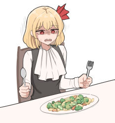 Rule 34 | 1girl, black vest, blonde hair, broccoli, chair, food, fork, hair between eyes, hair ribbon, highres, holding, holding fork, holding spoon, long sleeves, mata (matasoup), open mouth, plate, red eyes, red ribbon, ribbon, rumia, shaded face, sharp teeth, shirt, short hair, simple background, sitting, solo, spoon, teeth, touhou, vegetable, vest, white background, white shirt