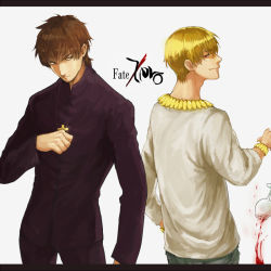 Rule 34 | 2boys, bad id, bad pixiv id, blonde hair, bracelet, brown eyes, brown hair, copyright name, cross, cup, drinking glass, fate/zero, fate (series), gilgamesh (fate), holding, holding cross, jewelry, kotomine kirei, letterboxed, logo, male focus, multiple boys, necklace, official alternate costume, red eyes, smskt 25, wine glass