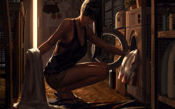 Rule 34 | 1girl, absurdres, bare shoulders, black bra, window blinds, bra, chair, cigarette, clothes, clothes hanger, detergent, guweiz, high ponytail, highres, holding, holding clothes, looking to the side, open door, original, plant, pot, short shorts, shorts, slippers, squatting, table, tank top, thighs, underwear, washing machine, window