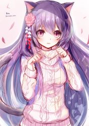 Rule 34 | 1girl, animal ears, cat ears, cat girl, cat tail, closed mouth, flower, hair between eyes, hair flower, hair ornament, highres, kasumi (shironeko project), long hair, long sleeves, looking at viewer, mano sukey, paw pose, petals, purple eyes, purple hair, shironeko project, sketch, solo, sweater, tail, turtleneck, turtleneck sweater, very long hair, white background, white sweater