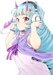 Rule 34 | 1girl, ahoge, animal ear fluff, animal ears, blue hair, blue wristband, blunt bangs, bracelet, delmin (show by rock!!), dragon horns, dragon tail, dress, drill hair, flower, hair flower, hair ornament, headphones, holding, holding headphones, horns, jewelry, light blue hair, light blush, long hair, looking at viewer, parted lips, pink horns, purple dress, purple horns, purple sailor collar, red eyes, sailor collar, sailor dress, show by rock!!, simple background, sleeveless, sleeveless dress, solo, standing, tail, tottotonero, twin drills, very long hair, white background, white headphones