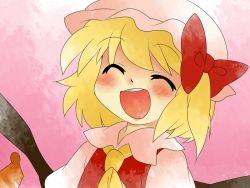 Rule 34 | 1girl, :d, ascot, bad id, bad pixiv id, blonde hair, bow, closed eyes, comic, dress, embodiment of scarlet devil, female focus, flandre scarlet, gradient background, hair bow, hammer (sunset beach), happy, hat, open mouth, side ponytail, silent comic, smile, solo, teeth, touhou