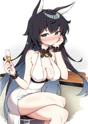 Rule 34 | 1girl, absurdres, alcohol, animal ears, arknights, bell, black hair, blaze (arknights), blue eyes, blush, breasts, cat ears, cat girl, cleavage, collar, crossed legs, cup, dress, feet out of frame, frilled collar, frills, head rest, highres, holding, holding cup, large breasts, long hair, looking at viewer, losingmysauce, neck bell, scrunchie, sitting, smile, solo, stool, thighs, very long hair, white dress, wrist scrunchie