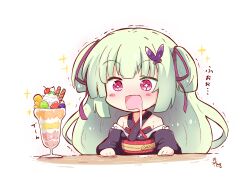 Rule 34 | + +, 1girl, bare shoulders, black kimono, blunt bangs, blush, blush stickers, butterfly hair ornament, chibi, commentary request, criss-cross halter, drooling, excited, flat chest, green hair, hair ornament, hair ribbon, hakutocake, halterneck, hand on table, happy, highres, hime cut, japanese clothes, kimono, long hair, mouth drool, murasame (senren), open mouth, parfait, pom pom (clothes), purple ribbon, rectangular mouth, red eyes, red sash, ribbon, sash, senren banka, sidelocks, signature, simple background, solo, sound effects, sparkle, trembling, two side up, very long hair, white background, wide-eyed