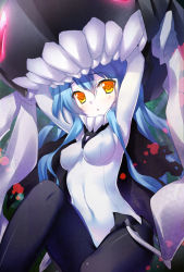 Rule 34 | 10s, 1girl, 47agdragon, abyssal ship, blue hair, bodysuit, cape, highres, kantai collection, long hair, looking at viewer, monster, open mouth, pale skin, solo, wo-class aircraft carrier, yellow eyes