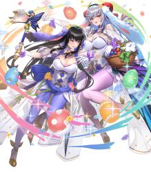 Rule 34 | 2girls, alternate costume, animal ears, axe, basket, battle axe, black hair, blue pantyhose, breasts, cleavage, cuboon, curled horns, easter egg, egg, energy, fake animal ears, female focus, fire emblem, fire emblem: the blazing blade, fire emblem heroes, floating, floating object, flower, freyja (fire emblem), full body, gloves, gold footwear, grey eyes, hair ornament, high heels, highleg, highleg leotard, highres, holding, holding axe, holding weapon, horns, karla (fire emblem), large breasts, leotard, long hair, medium breasts, multiple girls, nintendo, non-web source, official alternate costume, official art, open mouth, pantyhose, parted lips, purple pantyhose, rabbit ears, red eyes, ribbon, see-through, shiny clothes, skin tight, smile, sparkle, stuffed animal, stuffed toy, transparent background, weapon, white gloves