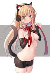 Rule 34 | 1girl, animal ear headphones, animal ears, bad id, bad pixiv id, bare shoulders, bike shorts, black shorts, blonde hair, blush, breasts, cat ear headphones, cat tail, cleavage, closed mouth, cropped legs, detached sleeves, fake animal ears, girls&#039; frontline, green eyes, grey background, headphones, highres, holding, holding ribbon, long hair, long sleeves, looking at viewer, medium breasts, navel, neck ribbon, red ribbon, revealing clothes, revision, ribbon, shorts, sidelocks, simple background, sleeves past wrists, solo, stomach, tail, tmp (girls&#039; frontline), tsuka, very long hair, white background