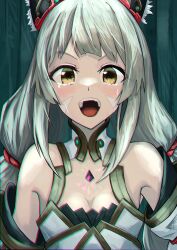 Rule 34 | 1girl, :d, absurdres, animal ear fluff, animal ears, bare shoulders, breasts, brown eyes, cleavage, commentary request, core crystal (xenoblade), crying, crying with eyes open, detached sleeves, grey hair, highres, looking at viewer, medium breasts, nia (blade) (xenoblade), nia (xenoblade), open mouth, ponaponyo, smile, solo, tears, upper body, white sleeves, xenoblade chronicles (series), xenoblade chronicles 2