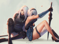 Rule 34 | 2b (nier:automata), 2girls, a2 (nier:automata), artist name, bare shoulders, blindfold, blue eyes, boots, breasts, chain, cleavage, cosplay, elbow gloves, gloves, hairband, high heels, hug, hug from behind, kaine (nier) (cosplay), koyorin, lips, long hair, looking at viewer, medium breasts, multiple girls, nier:automata, nier (brother) (cosplay), nier (series), nier (brother), no bra, petals, shadow, short hair, silver hair, single thighhigh, sitting, sword, thigh strap, thighhighs, weapon