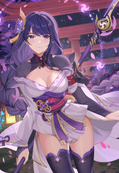 Rule 34 | 1girl, armor, braid, breasts, bridal gauntlets, cleavage, closed mouth, cowboy shot, dutch angle, engulfing lightning (genshin impact), falling petals, genshin impact, highres, holding, holding polearm, holding weapon, japanese clothes, kimono, large breasts, lixiang guo alice, long hair, looking at viewer, low-braided long hair, low-tied long hair, mitsudomoe (shape), mole, mole under eye, night, night sky, obijime, off shoulder, petals, polearm, purple eyes, purple hair, purple kimono, purple thighhighs, raiden shogun, sash, shoulder armor, sky, solo, star (sky), starry sky, thighhighs, tomoe (symbol), torii, vision (genshin impact), weapon
