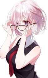 Rule 34 | 1girl, bad id, bad twitter id, bare shoulders, black shirt, blush, breasts, closed mouth, collared dress, dress, fate/grand order, fate (series), glasses, hair over one eye, hands on eyewear, highres, light purple hair, lips, looking at viewer, mash kyrielight, medium breasts, misumi (macaroni), necktie, purple eyes, red necktie, shirt, short hair, sleeveless, smile, solo, upper body