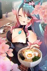 Rule 34 | 1girl, absurdres, animal ears, black kimono, blue eyes, blue hair, blue tail, breasts, cleavage, cleavage cutout, clothing cutout, commentary, english commentary, fang, food, highres, hip vent, holding, holding food, japanese clothes, kimono, large breasts, long hair, looking at viewer, multicolored hair, multicolored tail, nail polish, noodles, pink hair, pink tail, ramen, second-party source, silvervale, silvervale (sakura goddess), smile, streaked hair, tail, tongue, tongue out, usahana101, virtual youtuber, vshojo, wolf ears, wolf girl