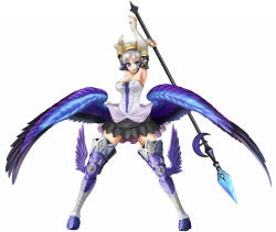 Rule 34 | 1girl, armor, armored dress, armpits, blue eyes, boots, breasts, cleavage, crescent, crown, crystal, detached sleeves, dress, gwendolyn (odin sphere), highres, jewelry, large breasts, leg wings, low wings, odin sphere, open mouth, polearm, pteruges, ring, silver hair, simple background, solo, spear, star (symbol), strapless, strapless dress, takebi, thigh boots, thighhighs, weapon, wings, zettai ryouiki