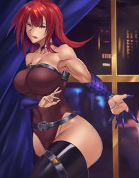 Rule 34 | 1girl, bare shoulders, belt, black choker, black thighhighs, blue detached sleeves, breasts, brown leotard, choker, cleavage, collarbone, curtains, detached sleeves, female focus, highres, indoors, large breasts, legband, leotard, long hair, looking at viewer, muscular, muscular female, neck, night, night sky, open mouth, orange eyes, pershiva, red hair, sky, solo, standing, strapless, strapless leotard, thick thighs, thighhighs, thighs, window