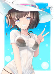 Rule 34 | 1girl, absurdres, bikini, bikini under clothes, black bikini, blue eyes, blush, bow, breasts, brown hair, collarbone, commentary request, fingernails, grin, halterneck, hand up, hat, hat bow, heart, highres, large breasts, original, see-through, shirt, short sleeves, sidelocks, smile, solo, swimsuit, temari rin, v, white bow, white hat, white shirt