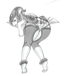 Rule 34 | 00s, 1girl, anus, ass, bent over, breasts, cleft of venus, detached leggings, digimon, digimon (creature), digimon frontier, fingerless gloves, fins, fish girl, gloves, greyscale, helmet, highres, knees together feet apart, large breasts, lips, lm (legoman), monochrome, monster girl, nipples, pussy, ranamon, sketch, slit pupils, solo, spread anus, spread ass, tiptoes, uncensored