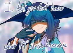 Rule 34 | aqua gloves, blue eyes, blue flower, blue gloves, blue hat, blue rose, blue shirt, blurry, blurry background, centurii-chan (artist), commentary, english commentary, english text, flower, gloves, hat, jacket, long sleeves, looking at viewer, naughty face, open mouth, original, rapier-chan (centurii), rose, shaded face, shirt, single sidelock, smile, solo, white hair, wide brim