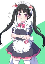 Rule 34 | 1girl, absurdres, akiba maid sensou, animal ears, apron, artist name, black hair, blue dress, blush, bow, bowtie, closed mouth, collared dress, crossed arms, dress, fake animal ears, frilled apron, frills, frown, green background, highres, layered dress, long hair, maid, maid headdress, pig ears, pink bow, puffy short sleeves, puffy sleeves, purple eyes, short sleeves, signature, solo, standing, tamago (uhdr2338), thighhighs, twintails, two-tone background, very long hair, waist apron, white apron, white background, white thighhighs, white wrist cuffs, wrist cuffs, yumechi (akiba maid sensou)