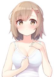 Rule 34 | 1girl, blush, bra strap, breasts, brown eyes, brown hair, childhood friend (ominaeshi), cleavage, clothes pull, highres, looking at viewer, ominaeshi (takenoko), shirt, shirt pull, solo, tank top, white shirt