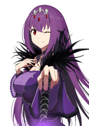 Rule 34 | 1girl, bare shoulders, breasts, cleavage, detached collar, dress, fate/grand order, fate (series), feather trim, hair between eyes, jewelry, kamo ashi, large breasts, long hair, long sleeves, looking at viewer, pendant, purple dress, purple hair, red eyes, scathach (fate), scathach skadi (fate), tiara