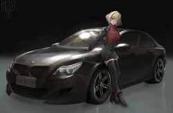 Rule 34 | 1girl, azur lane, belt, black footwear, black jacket, black skirt, black thighhighs, blonde hair, bmw, bmw m5, boots, car, closed mouth, commentary, english commentary, hair between eyes, head tilt, high heel boots, high heels, highres, jacket, kreuzer 00, looking at viewer, mechanical hands, motor vehicle, multicolored hair, red sweater, roon (azur lane), short hair, skirt, smile, solo, sports car, standing, streaked hair, sweater, thighhighs, turtleneck, turtleneck sweater, vehicle focus, yellow eyes