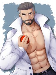 Rule 34 | 1boy, abs, absurdres, bara, beard, coat, creatures (company), daji takaishi (takai 43), facial hair, frown, game freak, grey hair, highres, holding, holding poke ball, lab coat, large pectorals, looking at viewer, male focus, mature male, muscular, muscular male, navel, nintendo, nipples, open clothes, open coat, pectorals, poke ball, pokemon, pokemon sv, short hair, solo, stomach, thick eyebrows, turo (pokemon), two-tone background, undercut, upper body