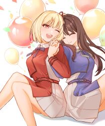 Rule 34 | 2girls, back-to-back, balloon, belt, black hair, blonde hair, blue bow, blue bowtie, blush, bow, bowtie, closed eyes, commentary request, confetti, dawn (artist), eyelashes, feet out of frame, grey bow, grey bowtie, happy, highres, holding hands, inoue takina, knees up, long hair, looking at another, lycoris recoil, lycoris uniform, multiple girls, nishikigi chisato, one eye closed, open mouth, pleated skirt, red eyes, short hair, sitting, skirt, smile, uniform, yuri