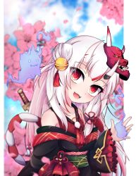 Rule 34 | 1girl, :d, bare shoulders, blurry, blurry background, cherry blossoms, collarbone, highres, hololive, horns, long hair, long sleeves, looking at viewer, nakiri ayame, nakiri ayame (1st costume), off shoulder, oni, open mouth, red eyes, shen li, smile, solo, virtual youtuber, white hair, wide sleeves