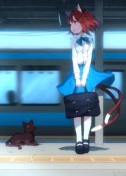 Rule 34 | 1girl, :o, alternate costume, animal, animal ears, animated, animated gif, bag, brown hair, cat, cat ears, cat tail, chen, contemporary, dress shirt, hair ornament, hairclip, junwool, kneehighs, looking away, lowres, mary janes, multiple tails, nekomata, red eyes, shirt, shoes, short hair, sketch, skirt, socks, solo, tactile paving, tail, touhou, train, train station, v arms, white socks, wind