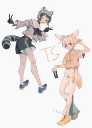 Rule 34 | 2boys, adapted costume, animal ear fluff, animal ears, beige pants, black bow, black collar, black gloves, black shorts, blonde hair, blue hair, blue legwear, bow, bowtie, bracelet, collar, collared shirt, commentary request, common raccoon (kemono friends), double v, energy drink, extra ears, fang, feb ki, fennec (kemono friends), fox boy, fox ears, fox tail, full body, genderswap, genderswap (ftm), gloves, grey hair, highres, jewelry, kemono friends, male focus, multicolored hair, multiple boys, one eye closed, open mouth, oversized clothes, oversized shirt, pantyhose, pink sweater vest, raccoon boy, raccoon ears, raccoon tail, ring, shirt, shoes, short hair, shorts, sneakers, stirrup legwear, sweater vest, tail, toeless legwear, v, white hair, white stripes, yellow bow, yellow shirt