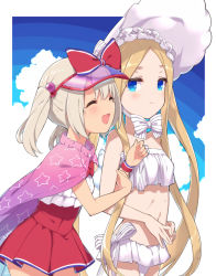 Rule 34 | 2girls, :d, ^ ^, abigail williams (fate), abigail williams (swimsuit foreigner) (fate), abigail williams (swimsuit foreigner) (third ascension) (fate), arm hug, bare shoulders, bikini, blonde hair, blue eyes, blush, bonnet, bow, breasts, casual one-piece swimsuit, closed eyes, closed mouth, commentary request, day, fate/grand order, fate (series), hair bow, illyasviel von einzbern, illyasviel von einzbern (swimsuit archer), illyasviel von einzbern (swimsuit archer) (second ascension), light brown hair, long hair, mitsuki meia, multiple girls, navel, one-piece swimsuit, open mouth, parted bangs, purple headwear, red bow, red one-piece swimsuit, see-through, small breasts, smile, star (symbol), star print, strapless, strapless bikini, striped, striped bow, sweatband, swimsuit, twintails, very long hair, visor cap, white bikini, white bow, white headwear, wristband