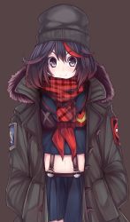 Rule 34 | 10s, 1girl, art is de4d, beanie, black hair, coat, english text, enpera, hands in pockets, hat, highres, kill la kill, matoi ryuuko, midriff, scarf, school uniform, senketsu, serafuku, short hair, skirt, smile, solo, suspenders