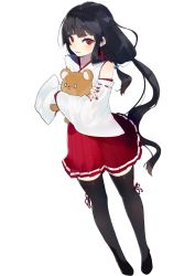 Rule 34 | 1girl, black hair, black thighhighs, commentary request, detached sleeves, full body, holding, holding stuffed toy, holding toy, japanese clothes, kawaii rowa, long hair, looking at viewer, miko, nontraditional miko, open mouth, original, red eyes, red skirt, simple background, skirt, solo, standing, stuffed animal, stuffed toy, teddy bear, thighhighs, toy, white background, zettai ryouiki