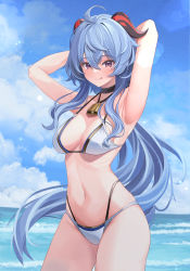 Rule 34 | 1girl, :q, absurdres, ahoge, andamiro, armpits, arms behind head, arms up, bare arms, bare shoulders, bell, bikini, black choker, black panties, blue hair, blue sky, blush, breasts, choker, cleavage, contrapposto, cowbell, cowboy shot, day, ganyu (genshin impact), genshin impact, goat horns, hair between eyes, halterneck, highleg, highleg panties, highres, horns, long hair, looking at viewer, medium breasts, navel, neck bell, ocean, outdoors, panties, panties under swimsuit, purple eyes, sidelocks, sky, solo, stomach, swimsuit, thighs, tongue, tongue out, underwear, white bikini