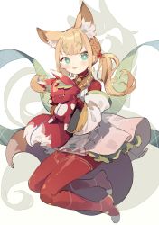 Rule 34 | 1girl, :p, animal ear fluff, animal ears, bell, blonde hair, blush, bodysuit, braid, closed mouth, commentary request, copyright request, dress, full body, green eyes, hair ornament, highres, holding, holding stuffed toy, jingle bell, long hair, long sleeves, looking at viewer, red bodysuit, red footwear, red legwear, sh (shinh), sidelocks, sleeveless, sleeveless dress, smile, solo, stuffed animal, stuffed toy, tongue, tongue out, twintails, white background, white dress, wide sleeves, x hair ornament