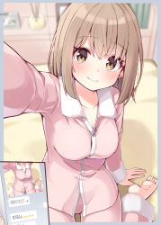 Rule 34 | 1girl, barefoot, bed sheet, blush, breasts, brown eyes, brown hair, cleavage, clock, closed mouth, commentary request, digital clock, from above, head tilt, highres, incense, indoors, line (naver), looking at viewer, medium breasts, ominaeshi (takenoko), on bed, original, pajamas, pink pajamas, selfie, short hair, sidelocks, sitting, smile, soles, toes, translation request, wariza