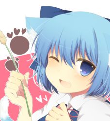 Rule 34 | 1girl, animal ears, ari suzushi, bad id, bad pixiv id, blue dress, blue eyes, blue hair, blush, bow, cat ears, cat tail, cat teaser, cirno, dress, fang, hair bow, heart, kemonomimi mode, looking at viewer, matching hair/eyes, one eye closed, open mouth, paw print, portrait, smile, solo, tail, touhou, upper body, wink