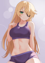 Rule 34 | 1girl, absurdres, astroglia cyte, belly, blonde hair, breasts, commentary request, eyepatch, fischl (genshin impact), genshin impact, green eyes, gym shorts, highres, long hair, looking at viewer, medium breasts, navel, purple sports bra, shorts, simple background, smile, solo, sports bra, sportswear