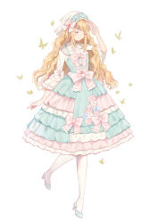 Rule 34 | 1girl, aqua footwear, arm at side, blonde hair, bow, bowtie, bug, butterfly, closed eyes, closed mouth, dress, frilled dress, frills, full body, hair bow, hairband, hand to head, high heels, highres, insect, leg up, lolita fashion, lolita hairband, long hair, long sleeves, original, pink bow, shoes, simple background, sleeves past elbows, smile, solo, standing, standing on one leg, wavy mouth, white background, white bow, white bowtie, yuzhi