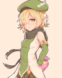 Rule 34 | 1girl, @ @, aoi (princess connect!), bare shoulders, beret, blonde hair, blush, breasts, cowboy shot, detached sleeves, elf, gift, green hat, green shirt, green shorts, green sleeves, hair over one eye, hat, hat feather, highres, holding, holding gift, pointy ears, princess connect!, puffy shorts, scarf, shirt, short hair, shorts, simple background, sleeveless, sleeveless shirt, small breasts, smile, solo, wavy mouth, yako noir (kei-ne), yellow eyes