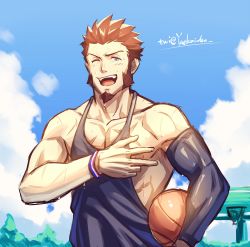 Rule 34 | 1boy, alternate costume, ball, bara, basketball, basketball (object), black tank top, blue eyes, blush, brown hair, clothes pull, cloud, cloudy sky, cross scar, day, facial hair, fate/grand order, fate (series), goatee, highres, long sideburns, looking at viewer, male focus, mature male, muscular, muscular male, napoleon bonaparte (fate), nipples, pectoral cleavage, pectorals, pulled by self, scar, scar on chest, shirt pull, short hair, sideburns, sidepec, sky, smile, solo, sweat, tank top, toned, toned male, upper body, yaekaidou