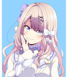 Rule 34 | 1girl, :3, blue background, blue bow, blue eyes, bow, brooch, brown hair, closed mouth, commentary, diamond hair ornament, dot nose, frilled sleeves, frills, hair bow, hair intakes, hair ornament, heart, heart brooch, highres, indie virtual youtuber, jewelry, long hair, long sleeves, looking at viewer, misumi no harawata, nail polish, pom pom (clothes), raised eyebrow, riyo (aokiwazumi), solo, upper body, virtual youtuber, watagashi unou, white bow, white nails, x hair ornament