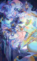 Rule 34 | 1girl, abstract background, absurdres, ankle boots, ascot, blue ascot, blue footwear, blue hair, blue hat, blue jacket, boots, closed eyes, colorful, crown, cup, curly hair, expressionless, floating, floating hair, fork, from side, full body, furina (genshin impact), genshin impact, gloves, hat, highres, holding, holding cup, holding fork, jacket, long hair, long sleeves, multicolored background, plate, profile, shorts, solo, spill, sunmeng, sword, tea, teacup, thigh strap, top hat, weapon, white gloves, white shorts