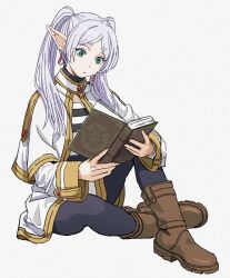 Rule 34 | 1girl, black thighhighs, book, boots, coat, elf, eyebrows hidden by hair, frieren, green eyes, grey hair, highres, holding, long hair, pointy ears, reading, shiren (ourboy83), simple background, sitting, solo, sousou no frieren, thighhighs, twintails, white background