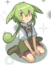 Rule 34 | 1girl, boots, commentary request, flat chest, full body, green footwear, green hair, green shorts, green suspenders, hair between eyes, long bangs, long hair, looking at viewer, nahori (hotbeans), open mouth, pea pod, personification, puffy shorts, shirt, short sleeves, shorts, sitting, solo, sparkle, suspender shorts, suspenders, voicevox, wariza, white background, white shirt, yellow eyes, zundamon