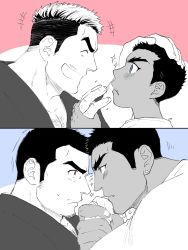 Rule 34 | 2boys, :d, age progression, bara, blue eyes, blush, buzz cut, chest hair, dark-skinned male, dark skin, earrings, eye contact, fang, fle0423, graphite (medium), hand grab, headpat, heads together, highres, holding, holding hands, interracial, japanese clothes, jewelry, kimono, long sideburns, looking at another, male focus, mature male, motion lines, multiple boys, muscular, muscular male, open mouth, original, pectoral cleavage, pectorals, red eyes, short hair, sideburns, sketch, smile, sparkle, spot color, thick eyebrows, traditional media, undercut, very short hair, yaoi