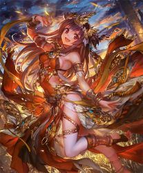 Rule 34 | 10s, 1girl, :d, anklet, armlet, artist request, barefoot, bracelet, brown hair, cloud, cloudy sky, covered navel, cygames, dancer, feet, jewelry, long hair, looking at viewer, navel, official art, open mouth, plantar flexion, red eyes, revealing clothes, shadowverse, shingeki no bahamut, sky, smile, soles, stirrup legwear, sun oracle pascale, sunset, thighhighs, toeless legwear