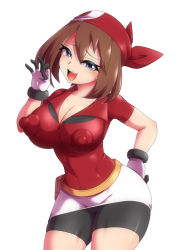 Rule 34 | 1girl, bandana, bike shorts, blue eyes, breasts, brown hair, cameltoe, cleavage, contrapposto, covered erect nipples, creatures (company), fellatio gesture, game freak, large breasts, looking at viewer, may (pokemon), nintendo, open mouth, pokemon, pokemon rse, sanagi semi, simple background, smile, solo, thick thighs, thighs, white background, wide hips