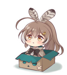 Rule 34 | 1girl, :&lt;, black bow, black gloves, blush, bow, box, brown cloak, brown eyes, brown hair, cardboard box, chibi, cloak, commentary request, fingerless gloves, friend (nanashi mumei), gloves, grey hair, hair between eyes, hair ornament, hololive, hololive english, hood, hood down, hooded cloak, in box, in container, multicolored hair, nanashi mumei, nikoo, parted lips, shadow, shirt, solo, streaked hair, tears, triangle mouth, virtual youtuber, white background, white shirt